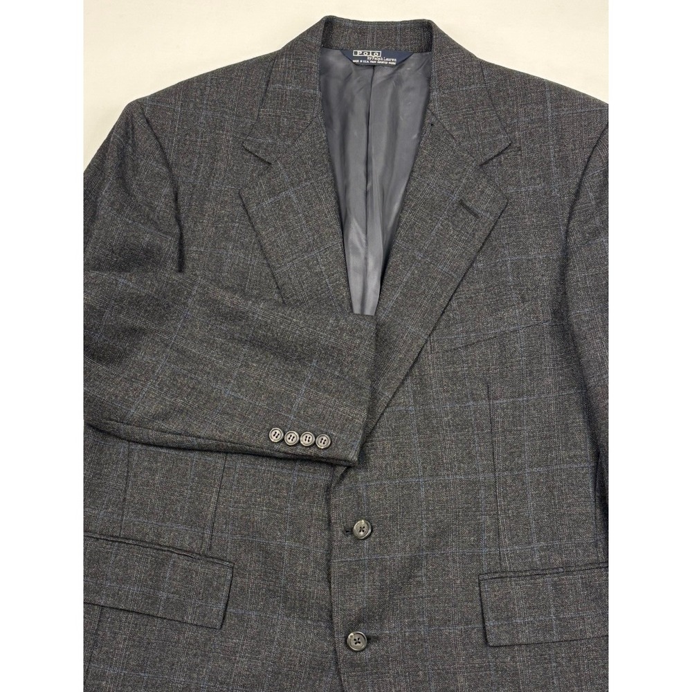 *VTG Polo Ralph Lauren Gray w/Blue Windowpane Flannel Tweed Wool Sport Coat 42S